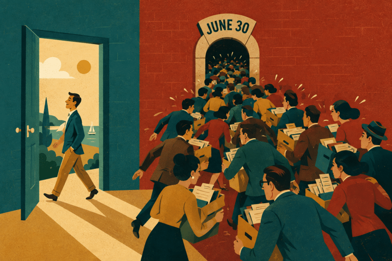 Everybody at the gate at once Retro travel-poster illustration of a crowd rushing a gate marked June 30