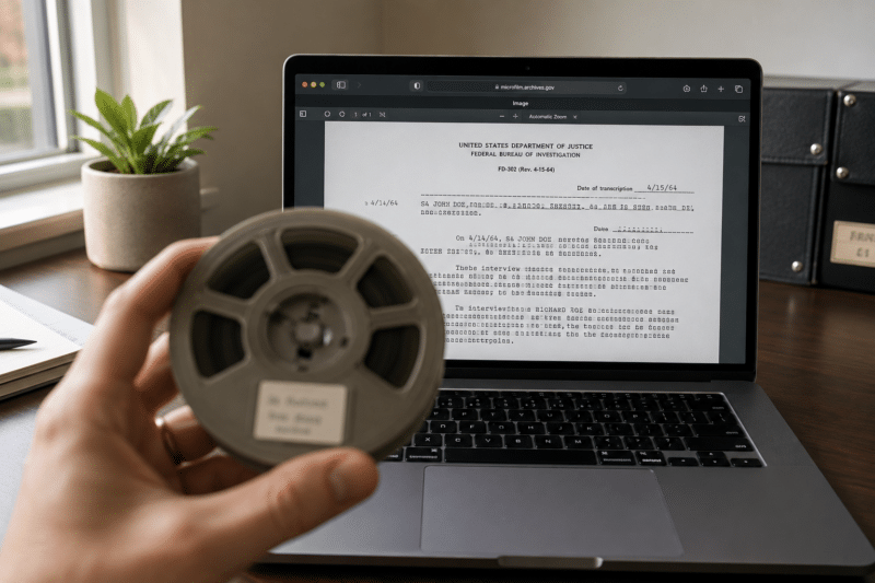 A hand holding a roll of 16mm microfilm next to a laptop displaying the same document as a searchable digital file
