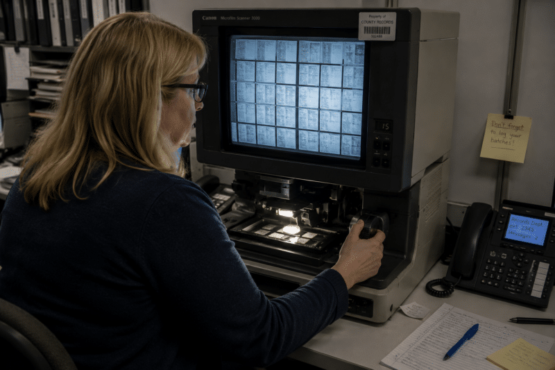 A records clerk scrolling through a roll of microfilm on a reader screen searching for a single student record