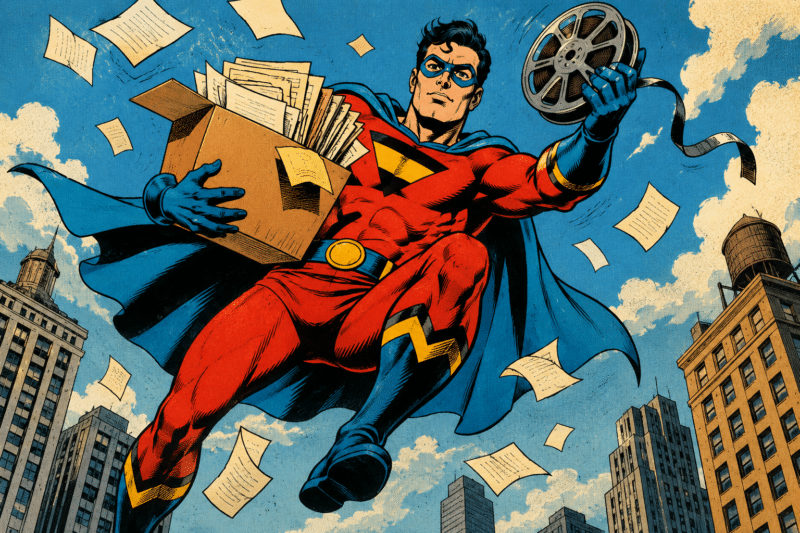 Comic-book style illustration of a caped hero catching a falling box of records