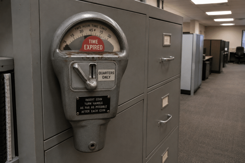 A coin-operated parking meter mounted on the side of an office filing cabinet
