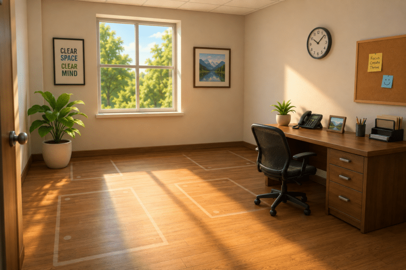 Stylized 3D render of a bright empty office room with a single plant where the file cabinets used to be