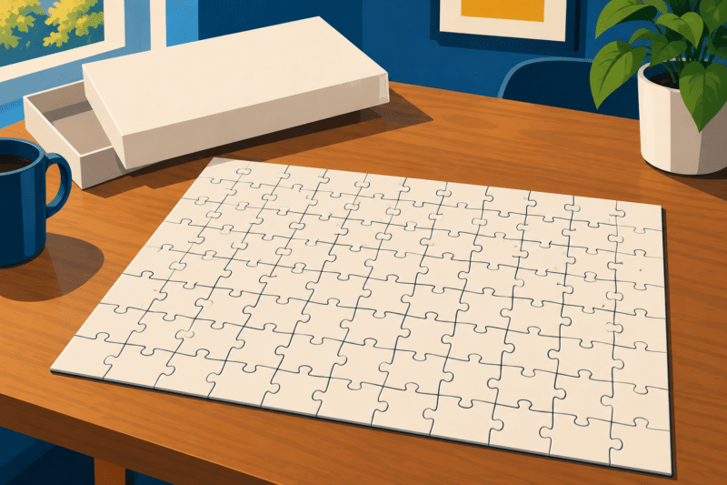 Flat illustration of a completed jigsaw puzzle with every piece face up but no image on them