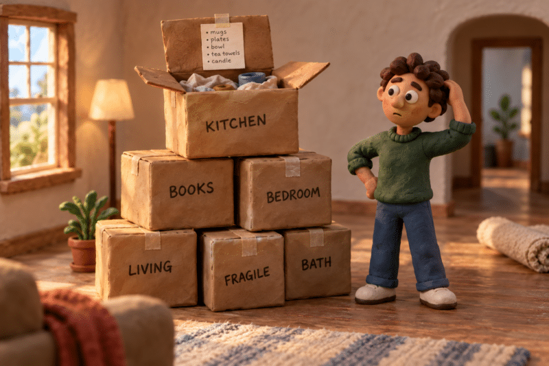 Claymation style scene of stacked moving boxes, most labeled with one word and one with a full contents list