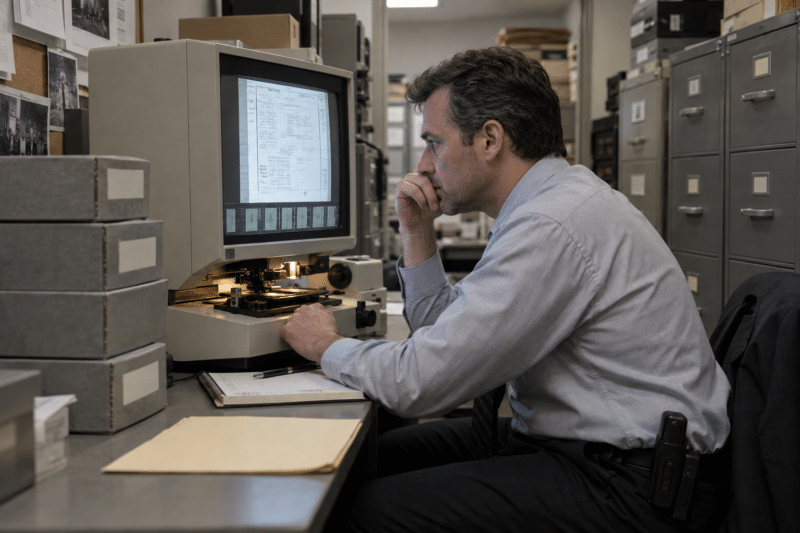 Law enforcement staff member searching a case file on a microfilm reader printer in a records room