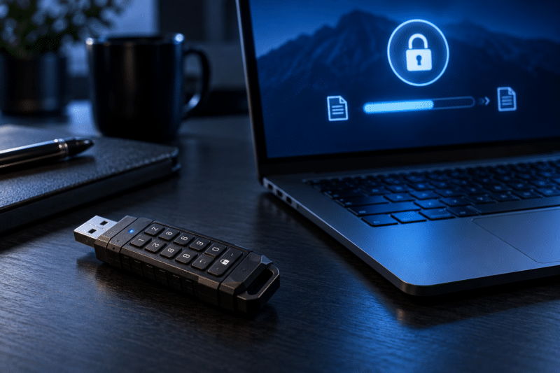 Encrypted USB drive and secure file transfer screen representing scanned record delivery