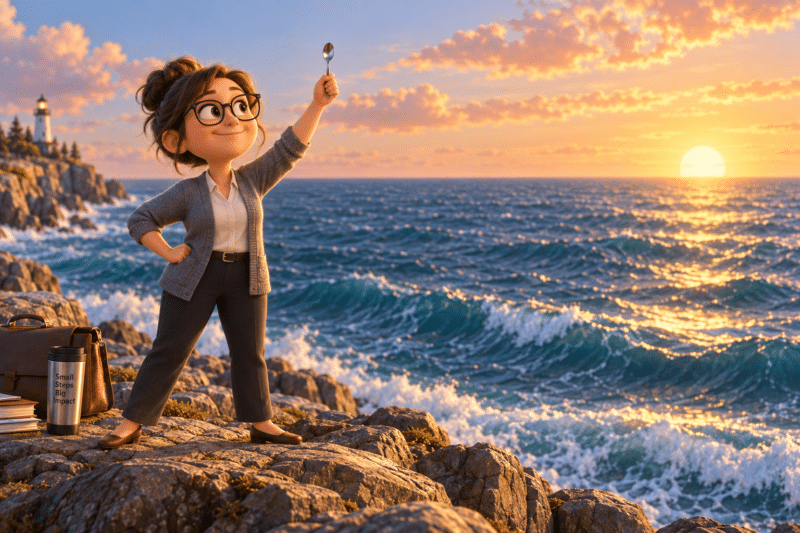 A stylized 3D character standing at the edge of a vast ocean holding a single teaspoon
