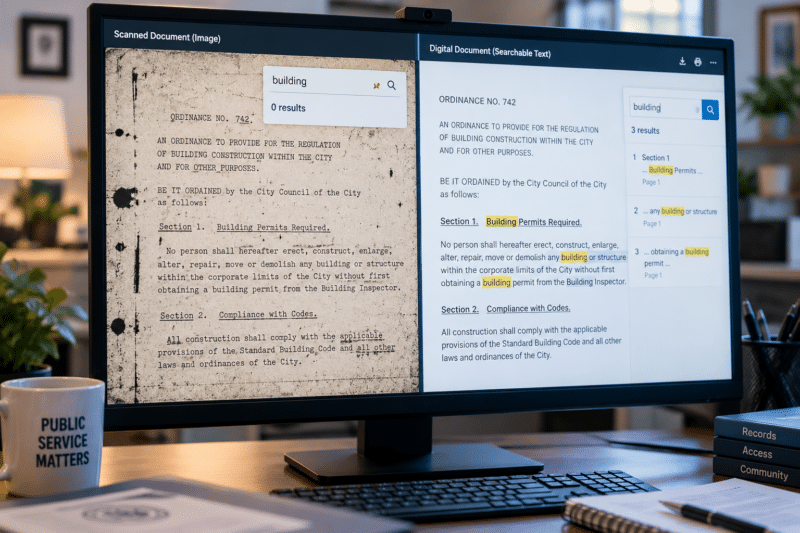Split-screen comparison showing a scanned document page beside a searchable digital document with highlighted text
