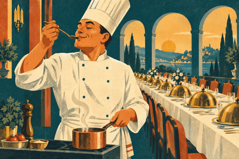 Retro poster style illustration of a chef tasting sauce from a spoon before serving a full banquet