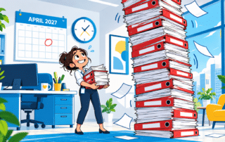 Cartoon illustration of an office worker beside a towering stack of red PDF documents with a wall calendar reading April 2027
