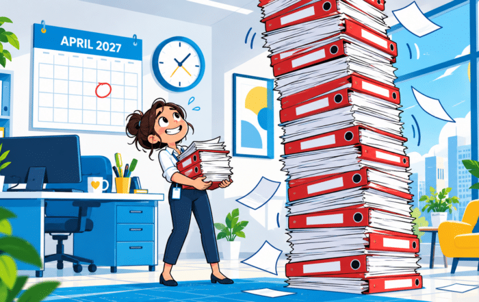 Cartoon illustration of an office worker beside a towering stack of red PDF documents with a wall calendar reading April 2027