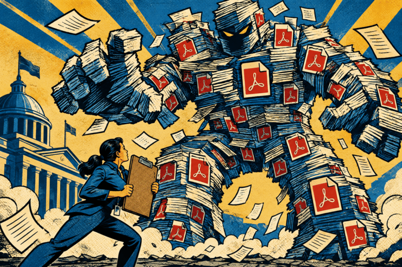 Comic-book illustration of a giant villain made of stacked paper documents towering over a government worker with a clipboard