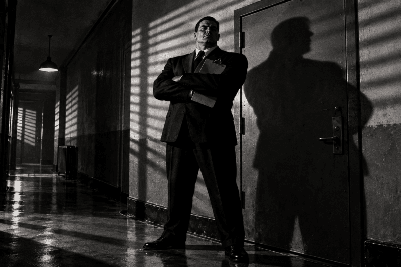 Film noir style illustration of a bouncer with a clipboard guarding a plain steel door