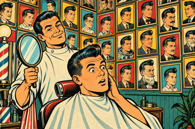 Retro pop art illustration of a barbershop wall covered in framed photos of identical haircuts