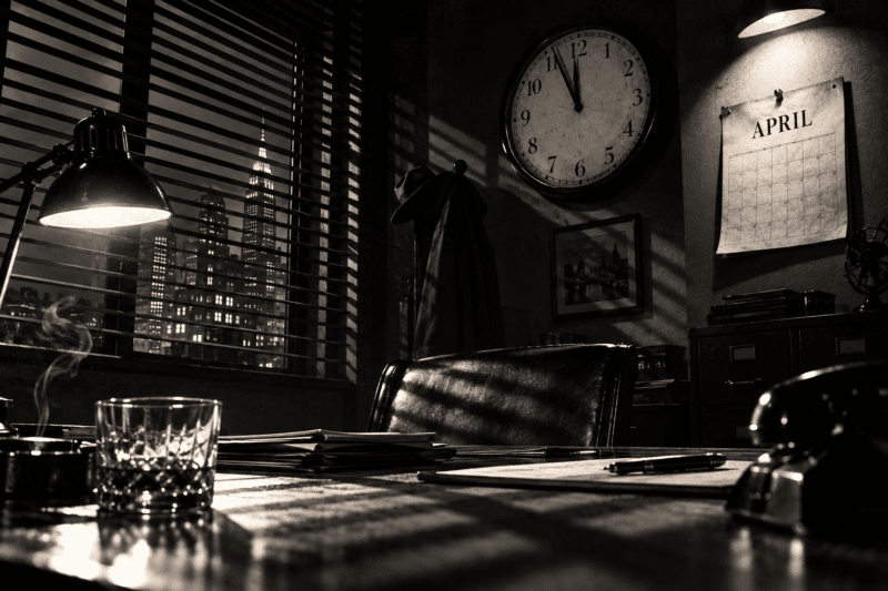 Film noir style illustration of a wall clock and a calendar page casting long shadows across an empty office