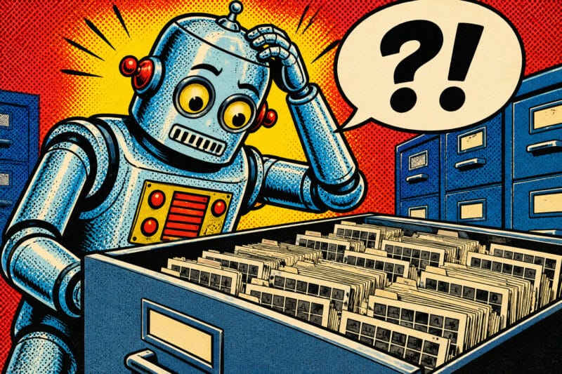 Retro pop art illustration of a confused robot staring at an open microfiche drawer