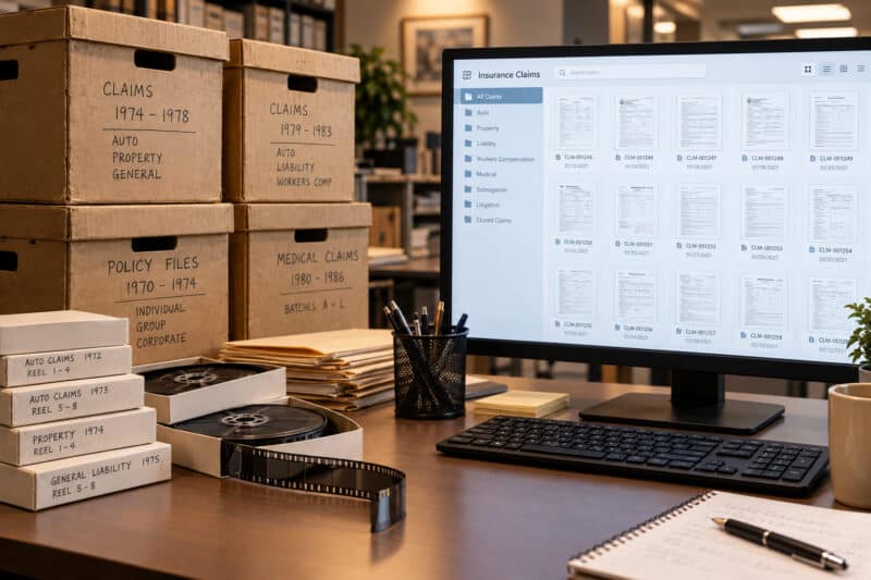 Desk showing a monitor of digital claim files next to stacked microfilm reels and archive boxes