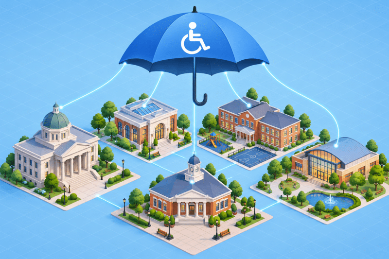 Isometric illustration of a small town with a courthouse, library, school, and parks building all connected under one accessibility umbrella