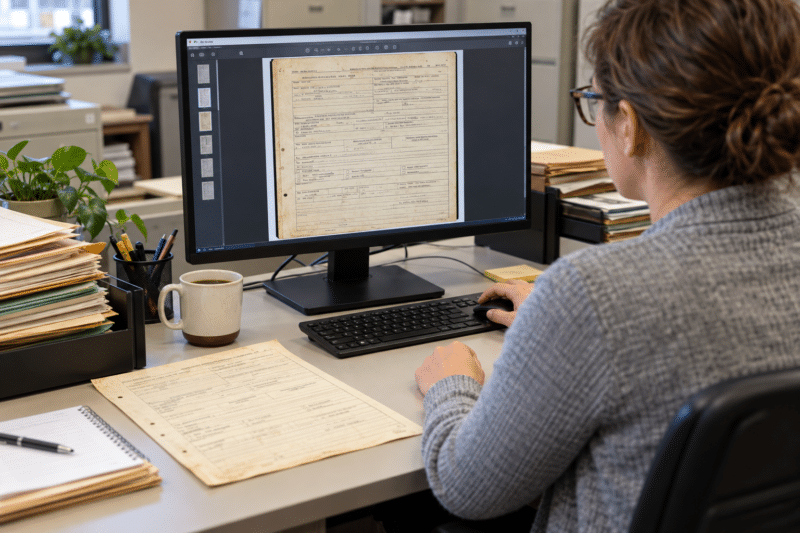 Records clerk viewing a scanned PDF of an old government form on a computer monitor next to the original paper document