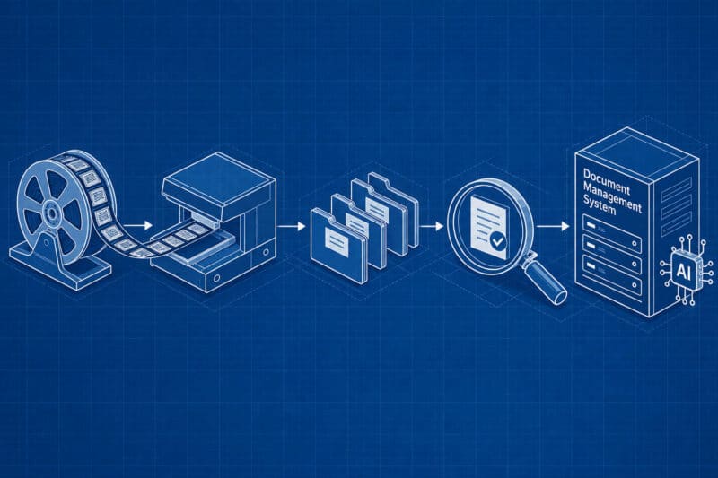 Isometric illustration of a workflow from microfilm reel to scanner to indexing to a document management system