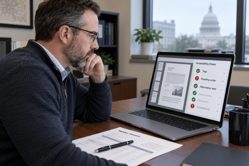 Government IT manager reviewing a PDF accessibility compliance report with pass and fail checks on a laptop