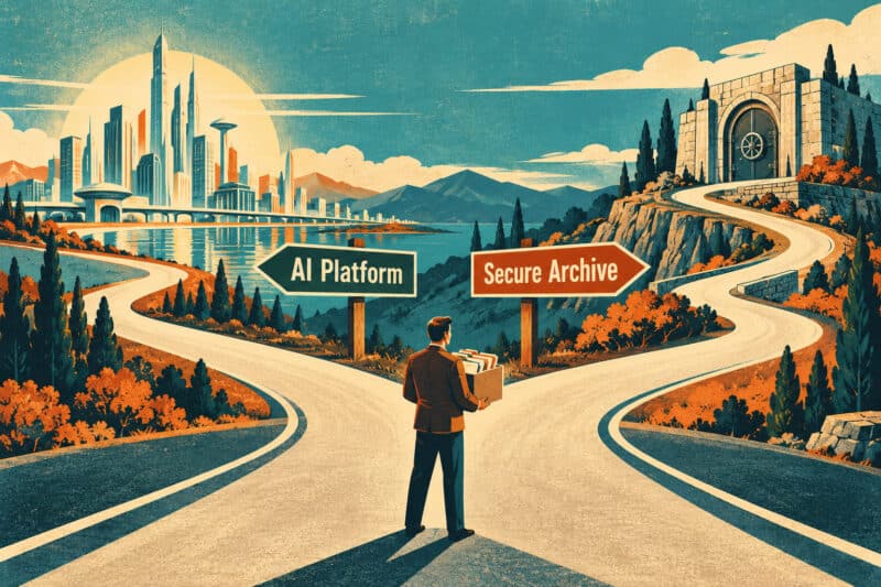 Vintage travel poster of a fork in the road with signs pointing to an AI platform and a secure archive