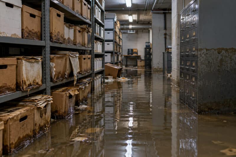 Flooded basement records room with water-damaged storage boxes and microfiche cabinets