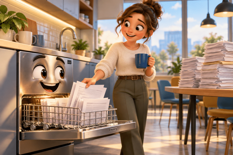 3D animated style dishwasher happily loading a few documents while a relieved office worker smiles nearby