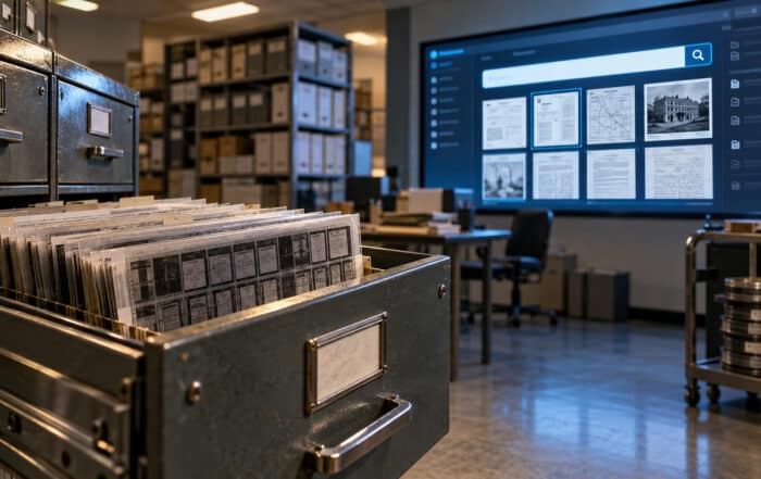 Microfiche cabinet in a records room beside a large screen showing an AI-powered records search