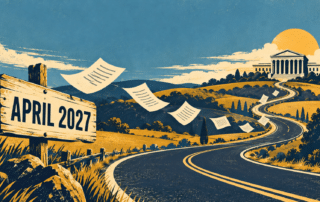 Retro vintage poster illustration of a road leading to a courthouse with a sign reading April 2027