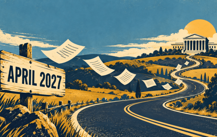 Retro vintage poster illustration of a road leading to a courthouse with a sign reading April 2027
